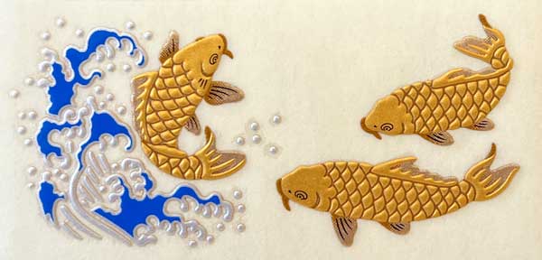 Japanese 3D Traditional Gold Sticker of Several Koi Fish and Splashing Waves