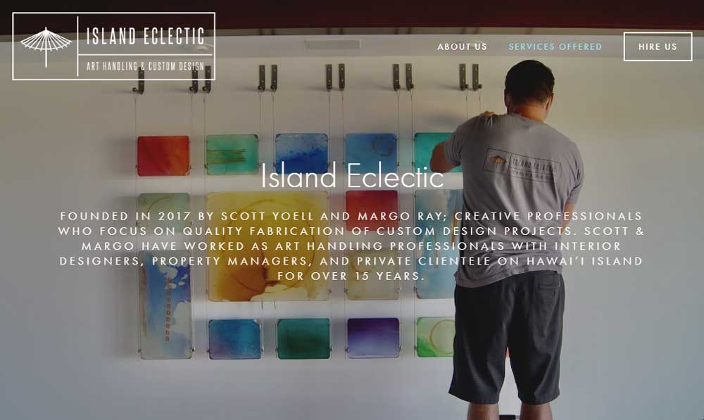 Screenshot of Island Eclectic website - Art handling and custom design services in Hawaii, using ArtFitters hardware for Japanese folding screens.