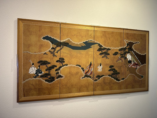 Clear Museum-Style Display of a Four Panel Japanese Folding Screen