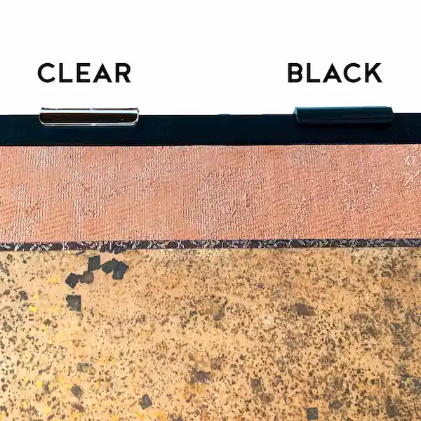 Front view comparison of clear and black lucite screen brackets.