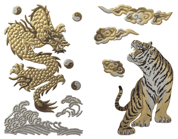 Dragon Over Waves with Tiger Below Clouds - Japanese Gold Lacquer Sticker