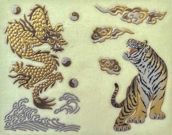 Dragon Over Waves with Tiger Below Clouds - Japanese Gold Lacquer Sticker