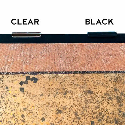 Clear vs black lucite brackets on black lacquered Japanese screen edge - visibility comparison for bracket color selection