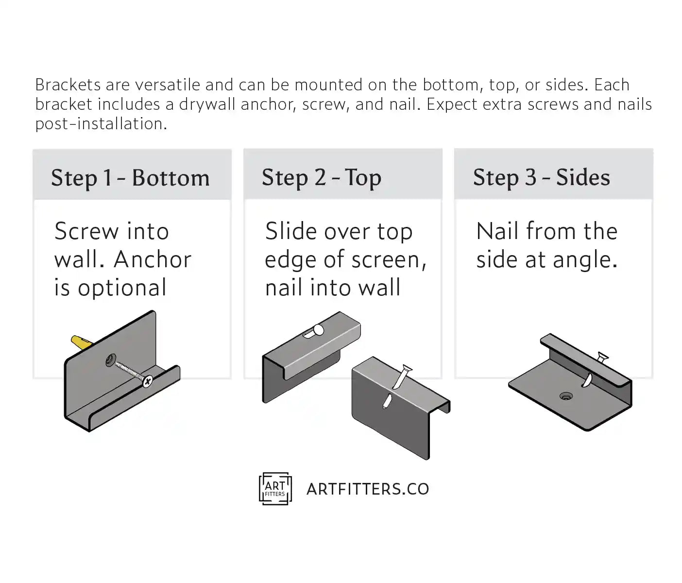 Japanese screen bracket installation guide - 3-step mounting process showing bottom screw, top nail, and side angle installation