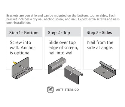 Japanese screen bracket installation guide - 3-step mounting process showing bottom screw, top nail, and side angle installation